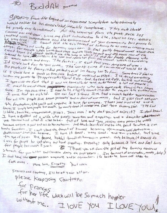 Une lettre de Kurt Cubain, publiée 20 ans après sa mort, dévoilée à Los Angeles le 21 mars 2014.