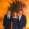 Bryan Cranston, Elizabeth Olsen et Aaron Taylor-Johnson à la première du film "Godzilla" à Londres le 11 mai 2014.