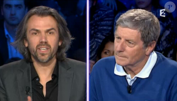 Aymeric Caron face à Jean-Michel Larqué dans On n'est pas couché sur France 2, le samedi 17 mai 2014.