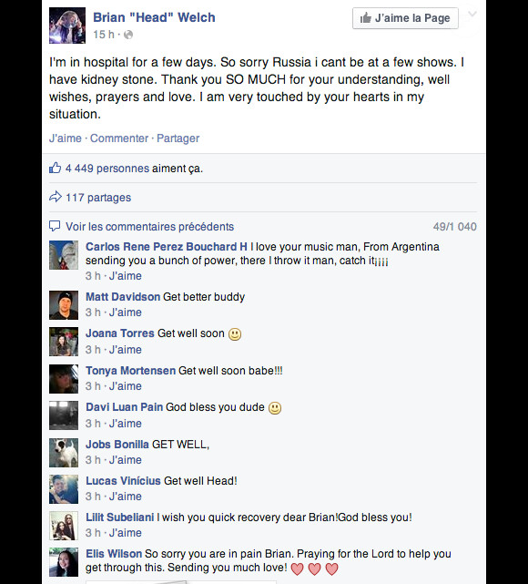 Message sur Facebook dans lequel Brian "Head" Welch de Korn annonce qu'il est hospitalisé (20 mai 2014)