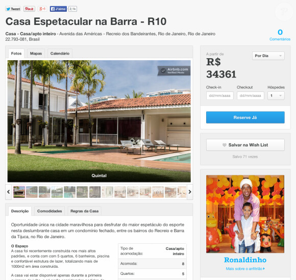 L'annonce de la maison de Ronaldinho sur le site internet de airbnb