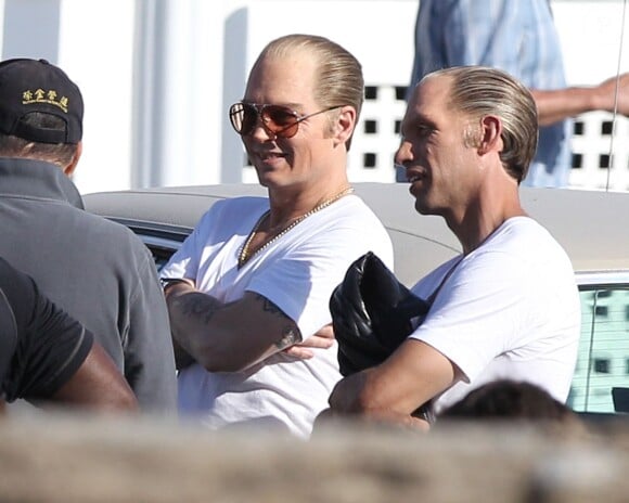 Johnny Depp détendu et métamorphosé sur le tournage du film "Black Mass" à Lynn, le 2 juin 2014.