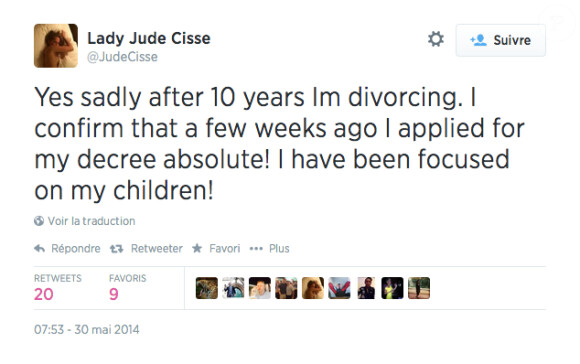 Jude Cissé répond à son mari Djibril sur Twitter le 30 mai 2014. 