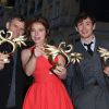 Lucas Belvaux (Swann d'or Meilleur film), Emilie Dequenne (Swann d’or Meilleure actrice), Loïc Corbery (Swann d’or Meilleur acteur) lors de la cérémonie de clôture du Festival du film romantique de Cabourg, le 14 juin 2014.
