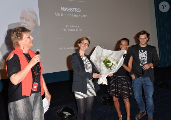 Exclusif - Sophie Dulac (présidente du festival), Pio Marmaï, Léa Fazer et Alice Belaïdi - Les acteurs de "Maestro" à l'avant-première du film et sur la terrasse du Publicis dans le cadre du 3e Champs-Elysées Film Festival à Paris, le 15 juin 2014.