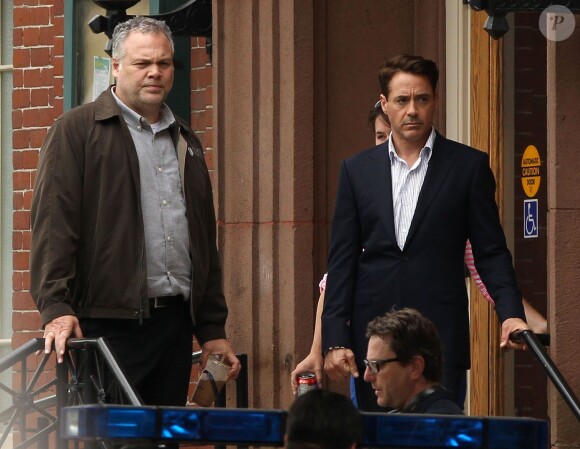 Robert Downey Jr. et Vincent D'Onofrio sur le tournage du film "The Judge" à Shelburne Falls, le 6 juin 2013.