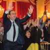 François Hollande exulte au moment du but de Paul Pogba lors du match de l'équipe de France face au Nigeria en huitième de finale de la Coupe du monde, au côté de Nathalie Iannetta à L'Elysée, le 30 juin 2014