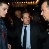 Nicolas Sarkozy et son fils Louis sortant du Town Hall où Carla Bruni vient de donner un concert, à New York le 24 avril 2014.