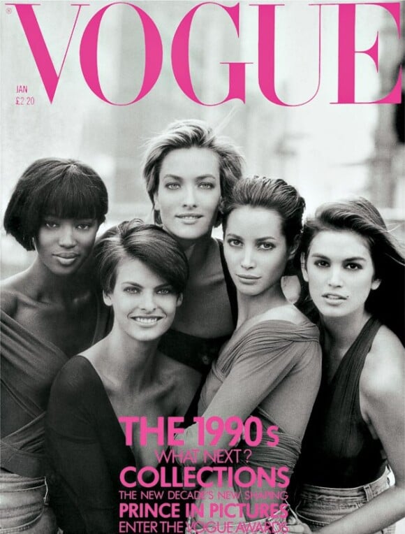 Naomi Campbell, Linda Evangelista, Tatjana Patitz, Christy Turlington et Cindy Crawgord en couverture de Vogue (édition britannique). Janvier 1990. Photo par Peter Lindbergh.