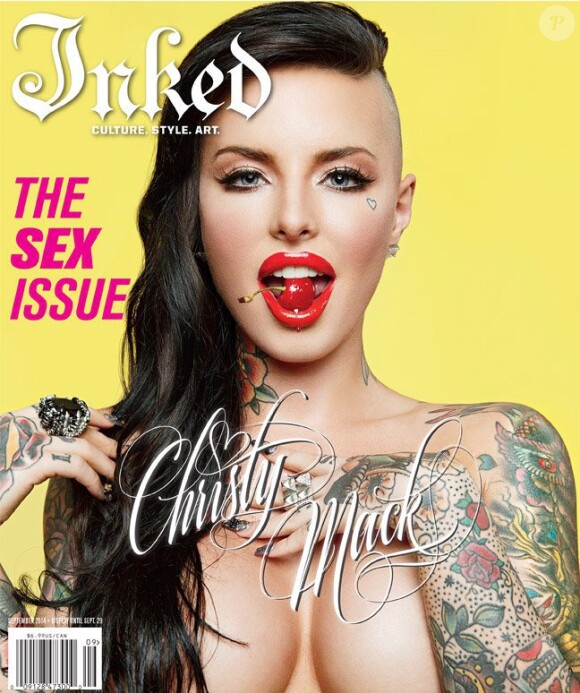 Christy Mack en couverture de la revue Inked (The Sex Issue), numéro de septembre 2014. Le 8 août 2014, la jeune star du porno a été gravement blessée par son boyfriend War Machine (Jonathan Koppenhaver).