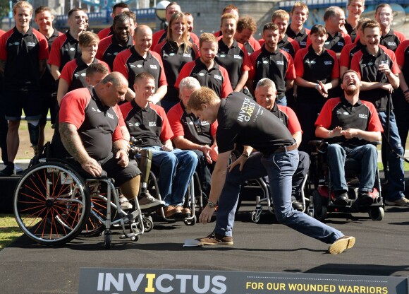 Le prince Harry, en pleine action, était présent pour la présentation de l'équipe britannique, riche de 130 représentants, engagée pour les premiers Invictus Games (10-14 septembre 2014), lors d'une conférence de presse à Potters Fields Park à Londres, le 13 août 2014