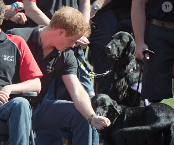 Le prince Harry, avec Fire, la mascotte, était présent pour la présentation de l'équipe britannique, riche de 130 représentants, engagée pour les premiers Invictus Games (10-14 septembre 2014), lors d'une conférence de presse à Potters Fields Park à Londres, le 13 août 2014