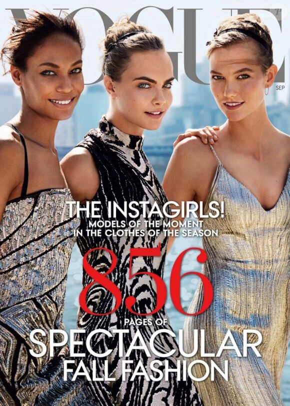 Joan Smalls, Cara Delevingne et Karlie Kloss apparaissent en couverture du numéro de septembre 2014 de Vogue. Photo par Mario Testino.