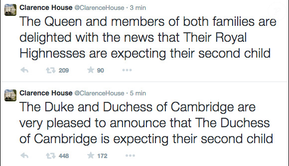 Kate Middleton et le prince William attendent leur 2e enfant, a annoncé la monarchie britannique le 8 septembre 2014