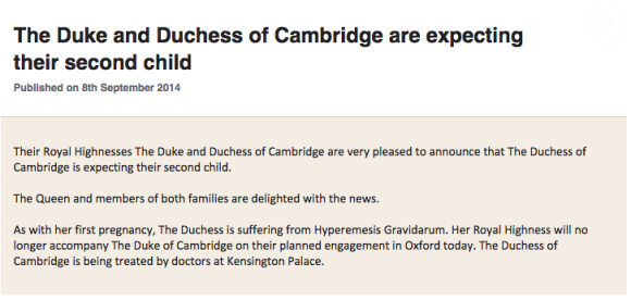 Communiqué officiel annonçant la seconde grossesse de Kate Middleton, le 8 septembre 2014