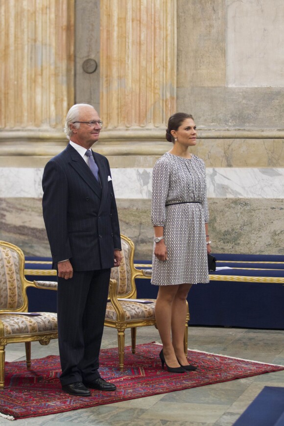 La princesse Victoria de Suède célébrait avec son père le roi Carl XVI Gustaf de Suède le 475e anniversaire du Kammarkollegiet le 9 septembre 2014 au palais royal Drottningholm à Stockholm.