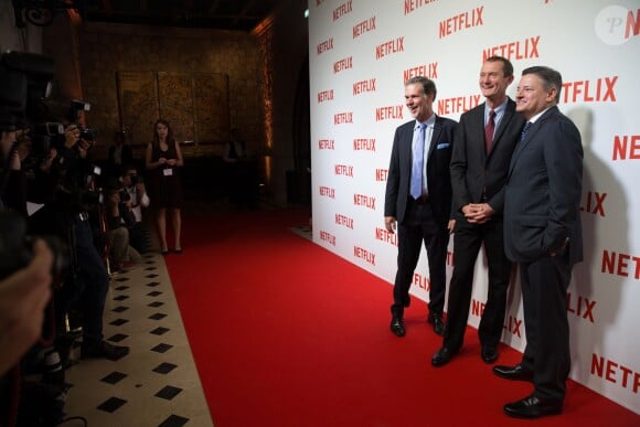Reed Hastings (Patron de Netflix), Neil Hunt (responsable produit Netflix) et Ted Sarandos (le directeur en charge des acquisitions de programme de Netflix) - Soirée de lancement Netflix au Faust à Paris, le 15 septembre 2014