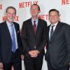 Reed Hastings (Patron de Netflix), Neil Hunt (responsable produit Netflix) et Ted Sarandos (le directeur en charge des acquisitions de programme de Netflix) - Soirée de lancement Netflix au Faust à Paris, le 15 septembre 2014.