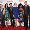 Laura Prepon, Famke Janssen, Eli Roth, Taylor Schilling, Uzo Aduba, Neil Hunt et Ted Sarandos lors de la soirée de lancement de Netflix France chez Faust, Paris, le 15 septembre 2014.