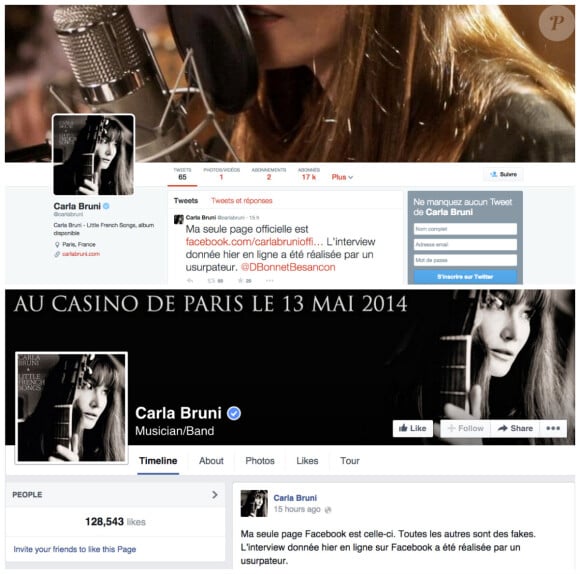 Les pages officielles de Carla Bruni sur Facebook et Twitter où l'artiste ne publie que son actualité musicale.