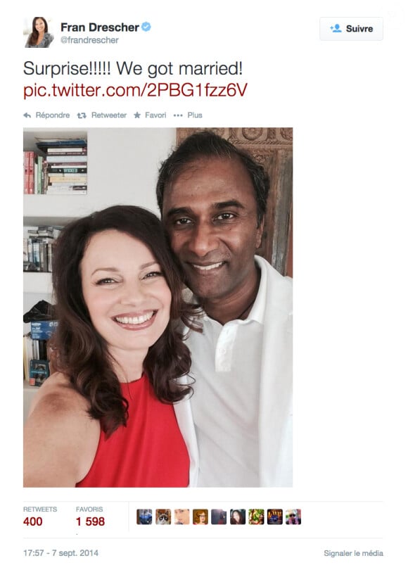 "Surprise !!! On s'est mariés." C'est par ces quelques mots et cette photo que Fran Drescher annonçait sur Twitter son mariage avec Shiva Ayyadurai, le week-end du 6-7 septembre 2014.
