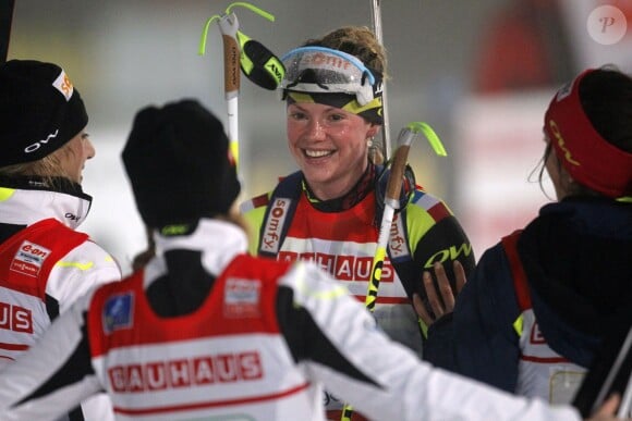 Marie Dorin après avoir décroché la seconde place du relais lors de la coupe du monde de biathlon le 3 janvier 2013 à Oberhof