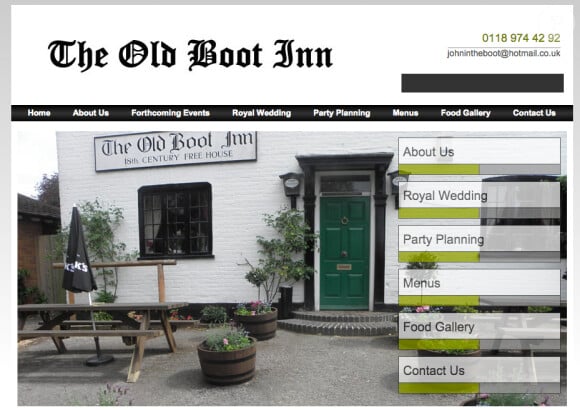 The Old Boot Inn, pub de Bucklebury, capture d'écran du site officiel