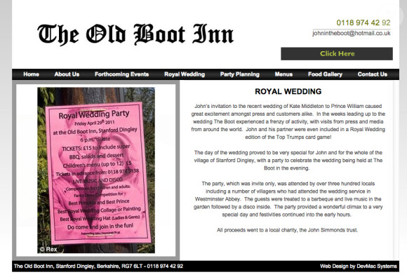 Photo du tract pour la soirée spéciale "mariage de Kate Middleton" au pub The Old Boot Inn, à Bucklebury, en 2011. Capture d'écran du site officiel.