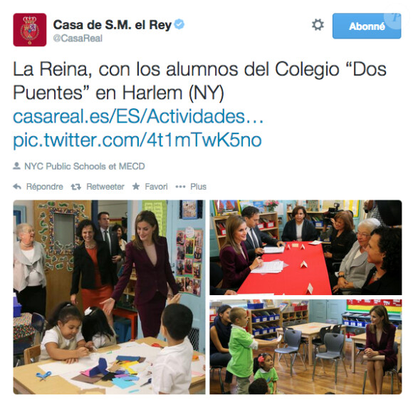 La reine Letizia d'Espagne en visite à l'école élémentaire Dos Puentes de Harlem, à New York, le 22 septembre 2014