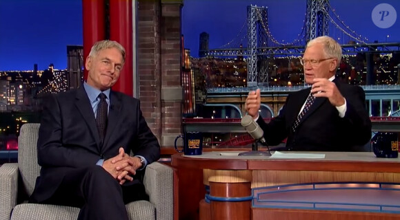 David Letterman reçoit Mark Harmon dans son Late Show sur NBC, en septembre 2014.