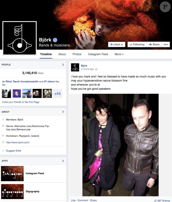 Hommage de Björk à Mark Bell, sur Facebook, dont on a appris la mort le 13 octobre 2014.