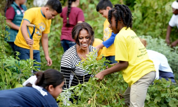 Michelle Obama s'active dans le potager de la Maison Blanche, à Washington, le 14 octobre 2014
