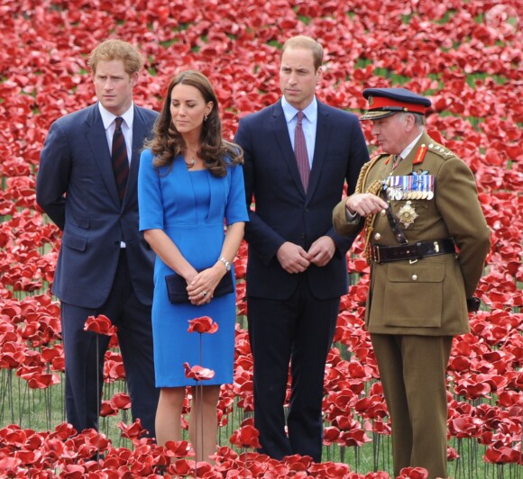 Kate Middleton avec les princes William et Harry lors de sa dernière mission officielle avant l'annonce de sa grossesse, le 5 août 2014 à la Tour de Londres.