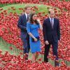Kate Middleton avec les princes William et Harry lors de sa dernière mission officielle avant l'annonce de sa grossesse, le 5 août 2014 à la Tour de Londres.