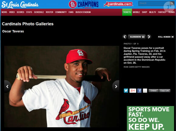 Oscar Taveras, grand espoir de l'équipe de la MLB des Cardinals de Saint-Louis est décédé le 26 octobre 2014.