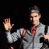 Roger Federer lors de son quart de finale face à Milos Raonic, le 31 octobre 2014 lors du BNP Paribas Masters 1000 au Palais Omnisport de Paris Bercy, à Paris le 31 octobre 2014
