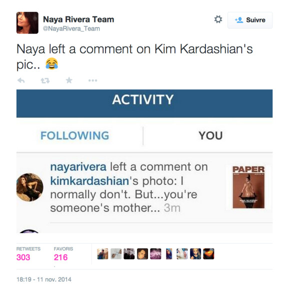 Naya Rivera s'inquiète pour North West. Novembre 2014.