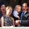 Sacha Casiraghi (1 an et demi), entouré de la princesse Caroline, la princesse Alexandra et la princesse Stéphanie, est apparu dans les bras de son papa Andrea Casiraghi, au balcon du palais princier à Monaco le 19 novembre 2014 pour la Fête nationale.