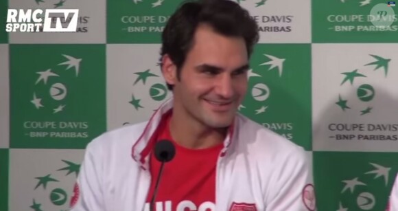 Conférence de presse de la Suisse après leur victoire en Coupe Davis le 23 novembre 2014 à Lille. Aux côtés de Roger Federer notamment, Stan Wawrinka avoue être "bourré"