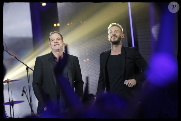 Exclusif - Le chanteur Garou, le chanteur M.Pokora (Matt Pokora) lors de l'édition 2014 de la "Fête de la chanson française" diffusée sur France 2, enregistrée au Studio TSF à Aubervilliers, le 21 novembre 2014.