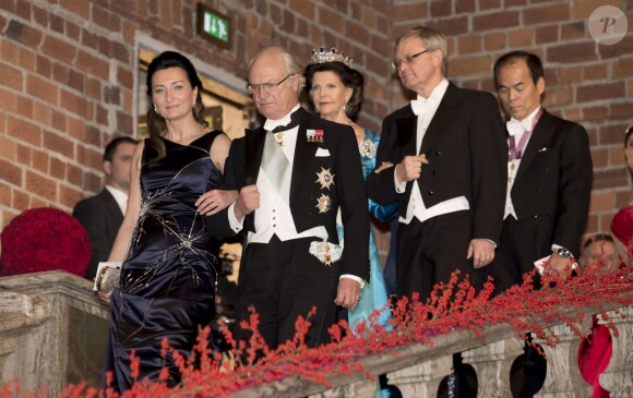 May-Britt Moser, le roi Carl Gustav de Suède, la reine Silvia de Suède et Carl-Henrik Heldin - Dîner de Gala en l'honneur des Prix Nobel à Stockholm en Suède le 10 novembre 2014.