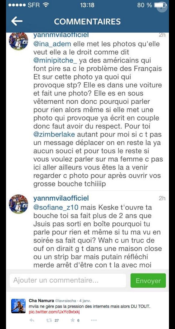 Yann M'Vila s'en prend à des internautes qui draguent sa femme Shanika sur Instagram le 4 janvier 2014. 
