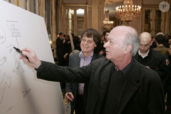 Georges Wolinski et Cabu au ministère de la Culture à Paris le 15 mars 2005