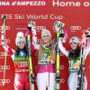 Lindsey Vonn après sa victoire au super-G de Crotina d'Ampezzo, sa 63e victoire qui fait d'elle la skieuse la plus victorieuse de tous les temps en Coupe du monde, le 19 janvier 2015, aux côtés d'Anna Fenninger et Tina Weirather