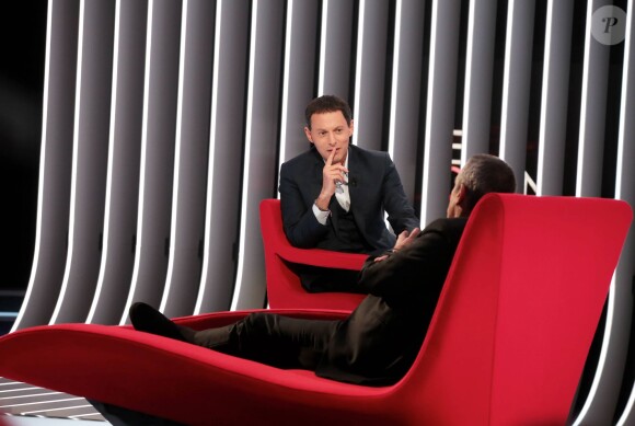 Exclusif - Thierry Ardisson et Marc-Olivier Fogiel sur le tournage de l'émission Le Divan, à Paris. Emission enregistrée le samedi 31 janvier 2015 et diffusée le mardi 10 février 2015 sur France 3.