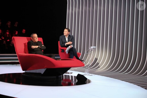 Exclusif - Thierry Ardisson et Marc-Olivier Fogiel sur le tournage de l'émission Le Divan, à Paris. Emission enregistrée le samedi 31 janvier 2015 et diffusée le mardi 10 février 2015 sur France 3.