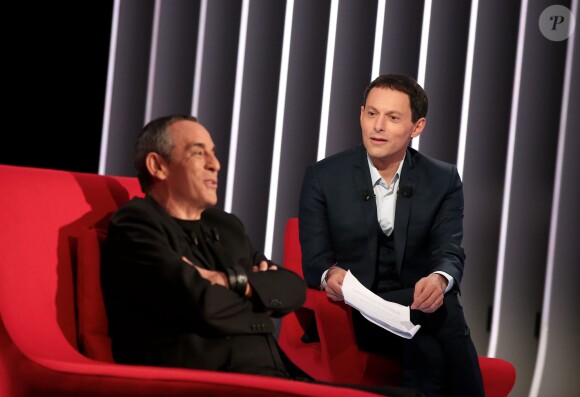 Exclusif - Thierry Ardisson et Marc-Olivier Fogiel sur le tournage de l'émission Le Divan, à Paris. Emission enregistrée le samedi 31 janvier 2015 et diffusée le mardi 10 février 2015 sur France 3.