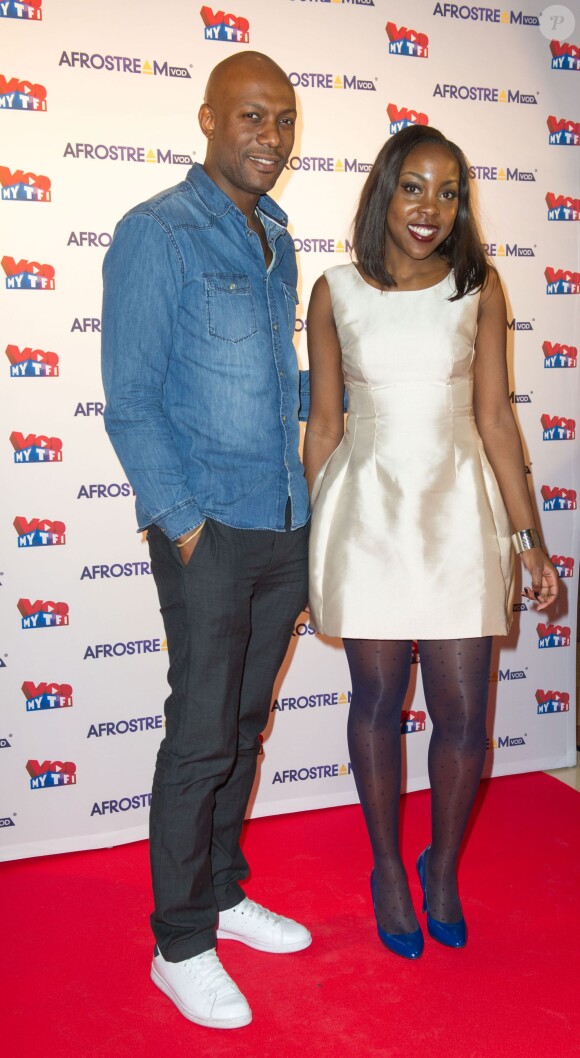 Harry Roselmack et Gisèle Tchayem (organisation) participent au lancement du label AfrostreamVOD chez TF1 à Boulogne-Billancourt, le 4 mars 2015.