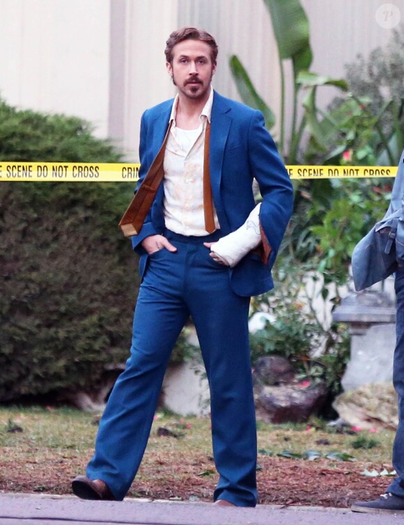 Exclusif - Ryan Gosling et Russell Crowe sur le tournage du film " The Nice guys " à Los Angeles Le 30 janvier 2015