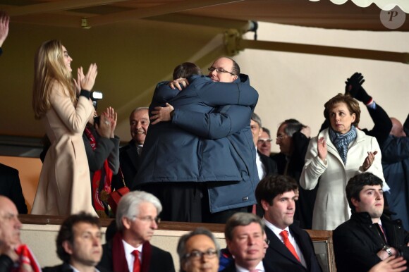 Le prince Albert II de Monaco a pu fêter avec le président de l'AS Monaco Dmitri Rybolovlev la qualification du club pour les quarts de finale de la Ligue des Champions le 17 mars 2015 au terme du huitième de finale retour contre Arsenal, en principauté.